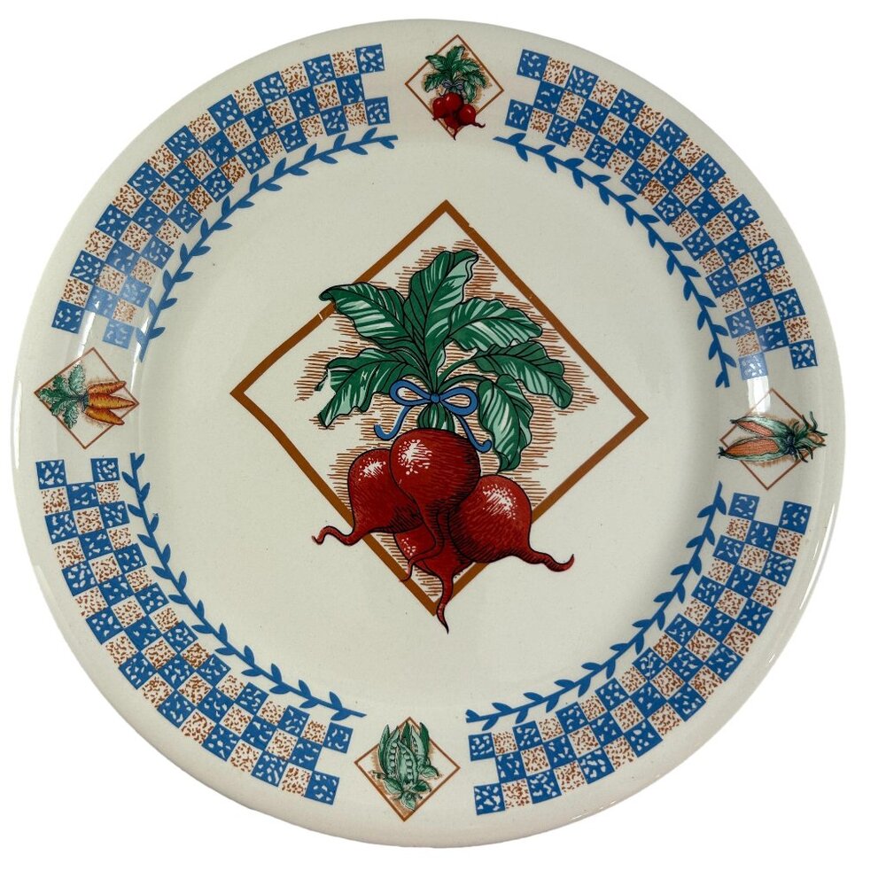Fresh Garden 10.5" Dinner Plate Radishes Blue Check Vegetables Stoneware